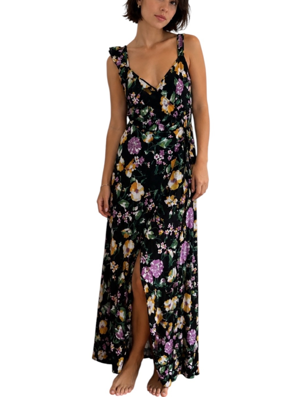 Le Lis Black Floral Print Wrap Maxi Slit Dress Size M NWT